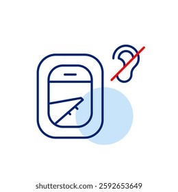 Airplane window and ear crossed. Quiet flight, no in-flight announcements. Hearing-impaired travel accessibility. Pixel perfect, editable stroke vector icon