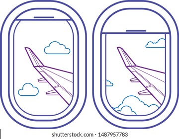 Airplane window icon set with cloudy sky and plane wing view