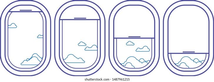 Airplane window icon set with cloudy sky view