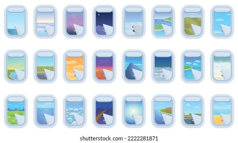 Airplane window icons set cartoon vector. Plane flight. Air travel