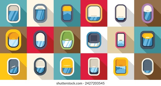 Airplane window icons set flat vector. Plane flight. Air travel sky vacation
