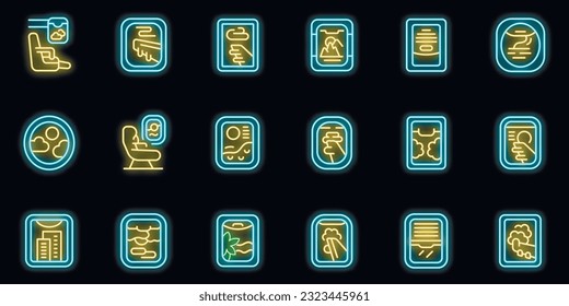 Airplane window icons set outline vector. Plane flight. Air travel neon color on black