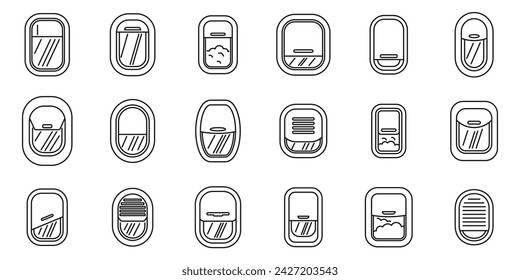 Los iconos de la ventana del avión definen el vector de contorno. Vuelo en avión. Viajes aéreos sky holiday