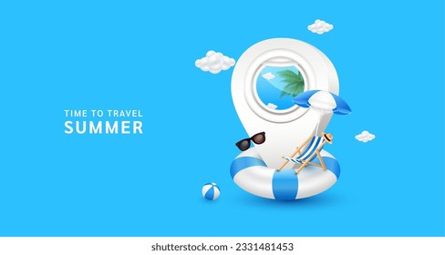 El pasador blanco de la ventana del avión dentro de la ubicación colocado sobre el anillo de goma con paraguas de la tumbona, gafas y voleibol sobre fondo azul. Para el diseño de anuncios de turismo mediático. Verano de vacaciones. Vector 3D.