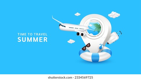 Airplane window inside location pin white placed on rubber ring. Airplane flew away with suitcase or luggage bag, glasses and volleyball. For media tourism ads design. Holiday travel summer. Vector.