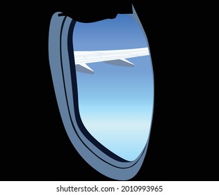 Airplane window from inside, the wing of the plane can be seen through it