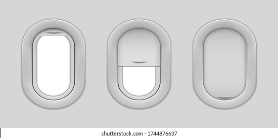 Airplane window isolated mockup. Open and closed airplane windows from inside view. Porthole interior in cabin of airplane. Three realistic fuselage for travel of passenger in plane. vector