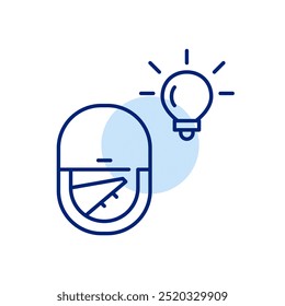 Airplane window and light bulb. In-flight creativity services, travel destination ideas and inspiration. Pixel perfect, editable stroke icon