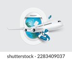Airplane window is in middle and outside window there is view of coconut trees and sea and in front there is airplane taking off, life buoys, inflatable balls, luggage bag,vector 3d for travel summer