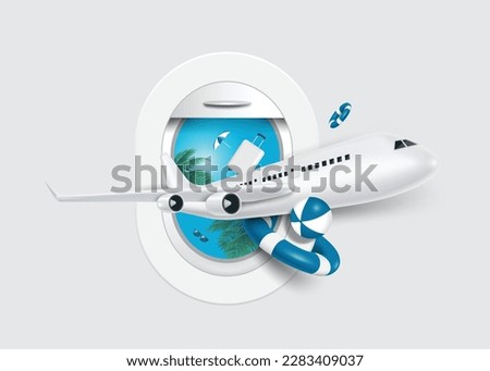 Airplane window is in middle and outside window there is view of coconut trees and sea and in front there is airplane taking off, life buoys, inflatable balls, luggage bag,vector 3d for travel summer