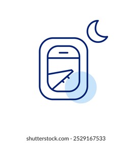 Airplane window and moon. Overnight flight experience. Pixel perfect vector icon