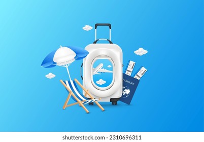 Airplane window on luggage white with air ticket deck chair umbrella blue and passports placed the sid. Airplane is taking off. For media tourism ad design. Holiday travel transport concept. 3D Vector