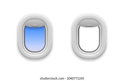 Airplane window open. Realistic aircraft windows. Empty and with blue sky view, realistic illuminator, fuselage porthole mockup, 3d isolated on white background transport vector object