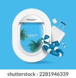 Airplane window and outside views are coconut trees and sea, and there are luggage, passport, lifebuoys, and inflatable ball next to it ,vector 3d isolated on blue background for travel summer concept