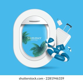 Airplane window and outside views are coconut trees and sea, and there are luggage, passport, lifebuoys, and inflatable ball next to it ,vector 3d isolated on blue background for travel summer concept - Shutterstock ID 2281946339