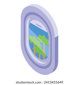 Airplane window over jungle icon isometric vector. Palm trees. View discover sky