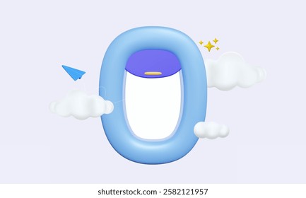 Airplane window with paper plane cloudy Luggage transportation  vacation concept on pastel background Innovative experiences trip. 3d Vector illustration