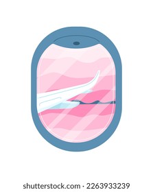 Airplane window with pink sky. Transportation of cargo or journey. Vacation and holiday, tourism and flight. Template, layout and mock up. Cartoon flat vector illustration