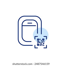 Ventana del avión y código QR. Viajes con tecnología mejorada, tarjeta de embarque electrónica, conectividad de vuelo inteligente. Icono de trazo perfecto y editable