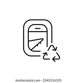 Airplane window and recycling arrows. Sustainable travel and eco-conscious flying. Use of recycled materials and reducing waste. Pixel perfect vector icon
