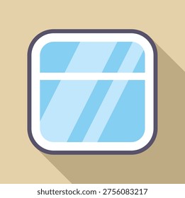 Airplane window reflecting blue sky with white divider, flat design with long shadow on beige background