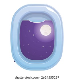 Airplane window revealing the moon shining in a starry night sky