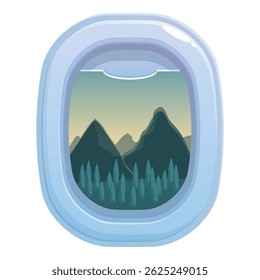 Airplane window revealing a mountain range with forest during a flight