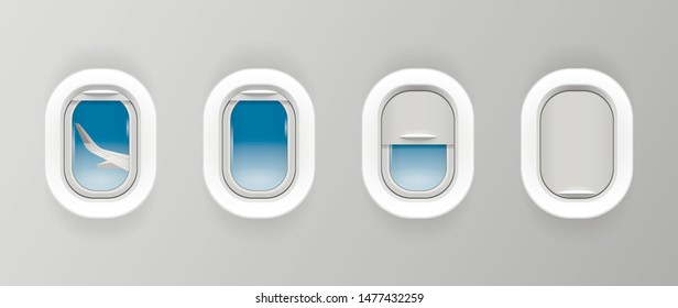 Airplane window set. Plane portholes for banner. Realistic illuminator. View from jet on the wing.  Porthole shutter, curtain positions. Travel sign. Vector illustration. 
