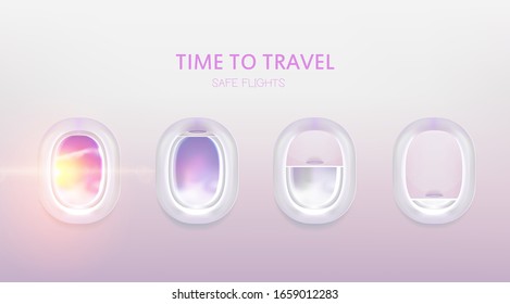 Airplane window set. Plane portholes for banner. Realistic illuminator. View from jet. Porthole shutter, curtain positions. Travel sign. Vector illustration.