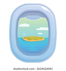 Airplane window is showing a tropical island from the passenger seat