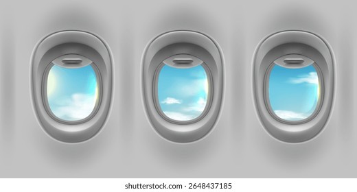 Janela do avião com vista para o céu. Porthole com vidro aberto de dentro. Janela interior do avião de voo e vigia da fuselagem. Ilustração vetorial realista de iluminador com nuvens