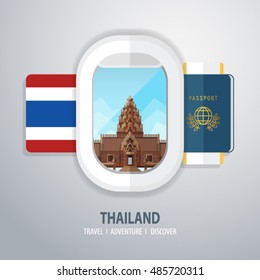 Airplane window, Thailand Travel, Discover, Adventure - Most Famous Landmark in country - Country Flag - Passport and Boarding pass - in flat style.