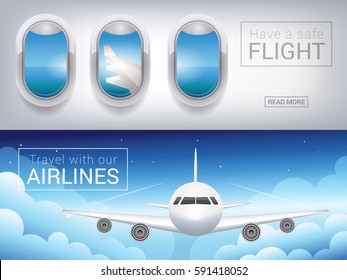 airplane window, the tourist banner. Passenger airplane in the sky clouds, safe flight across blue sky.