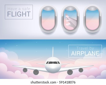 airplane window, the tourist banner. Passenger airplane in the sky clouds, safe flight across pink sky.
