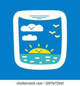Airplane window. Vector illustration on blue background.