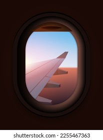 Airplane window vector inside flight interior concept. Fly window airplane cabin interior sunset open view passenger