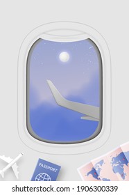 Airplane window view  with beautiful night time sky background vector illustration