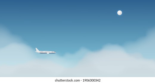 Airplane window view  with beautiful night time sky background vector illustration