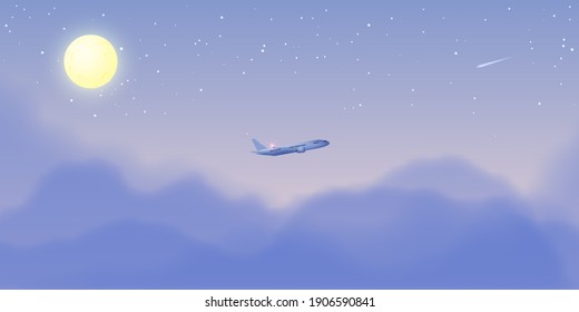 Vista de la ventana del avión con hermoso cielo nocturno e ilustración del vector de fondo de las estrellas