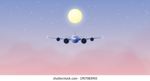 Vista de la ventana del avión con hermoso cielo nocturno e ilustración del vector de fondo de las estrellas