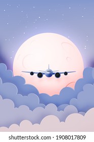 Airplane window view with beautiful night time sky and stars background vector illustration