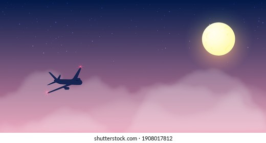 Airplane window view with beautiful night time sky and stars background vector illustration