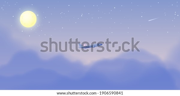 Airplane window view with beautiful\
night time sky and stars background vector\
illustration