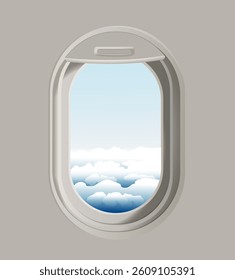Airplane window with a view of blue sky and clouds. Vector realistic illustration