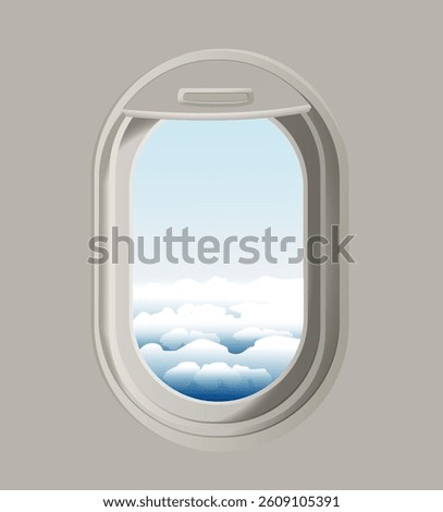 Airplane window with a view of blue sky and clouds. Vector realistic illustration