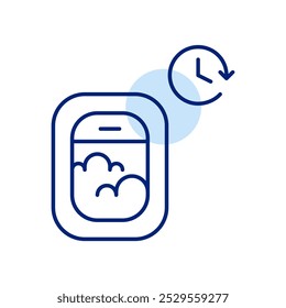 Airplane window with view of clouds and clock. Comfortable journey, time in transit. Flight schedule. Pixel perfect vector icon