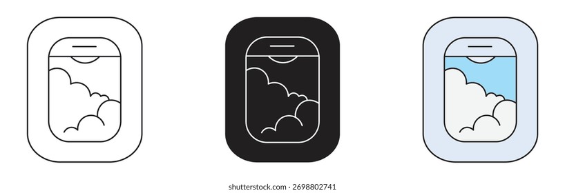 Vista Da Janela Do Avião Com Conjunto De Ícones De Nuvens. Coleção De Símbolos De Experiência De Aviação E Viagem. Ilustração Do Vetor De Viagem E Voo.