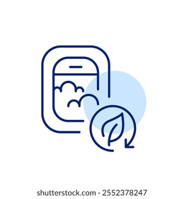 Airplane window view with clouds and leaf in recycling arrows. Sustainable aviation, green flight, using biofuel. Pixel perfect, editable stroke icon