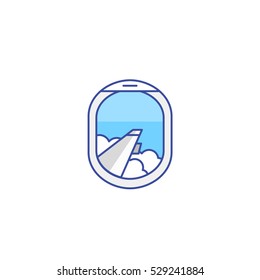 Airplane window view icon. Flight travel illustration. Wing and clouds in blue sky