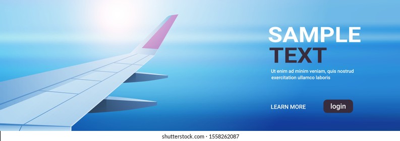 airplane window view into open space sky with wing travel tourism air transportation concept horizontal copy space flat vector illustration